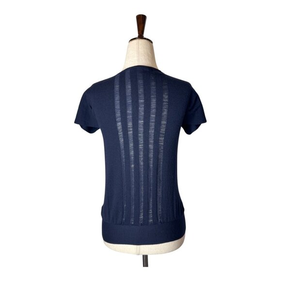 Theory Sweater Women XS Navy Blue Wool Knit Wrap Fringe Detail Luxury Preppy - Picture 2 of 10